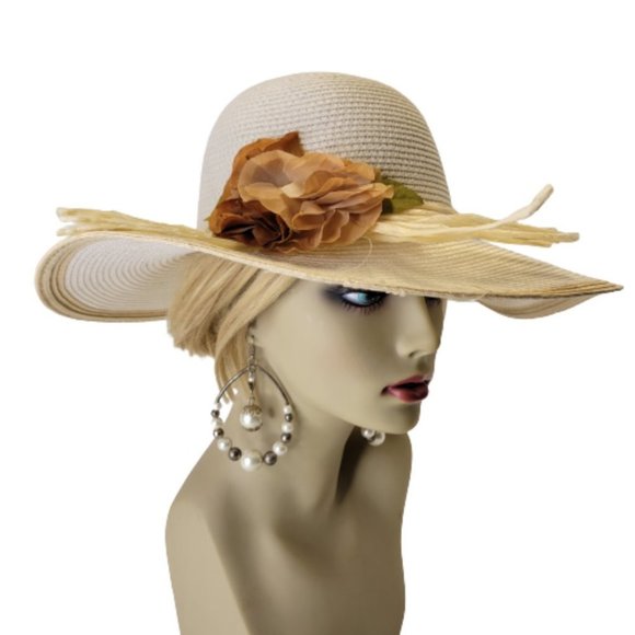 White Paper Straw Hat with Floral Embellish Wide Brim Sun Beach Hat main image 11